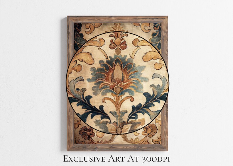 May include: A framed print of a vintage tapestry with a circular design featuring a blue and brown floral pattern on a cream background.