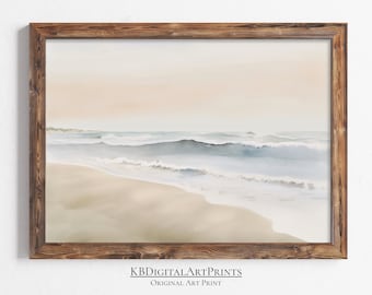 Watercolor Beach Painting, Vintage Wall Art, Neutral Tones, Coastal Landscape, Digital Download, Printable Wall Art, Beach Wall Art