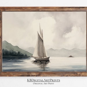 Muted Lake House Sailboat Wall Art, Soft Tones, Vintage Sailing Decor, instant Digital Download, Bathroom Decor, Oil Paint, Printable Art