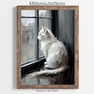 Gato imprimible en arte de la pared del vivero de la ventana, pintura antigua, arte de la pared del gato, descarga digital instantánea, decoración de la granja del campo, arte animal