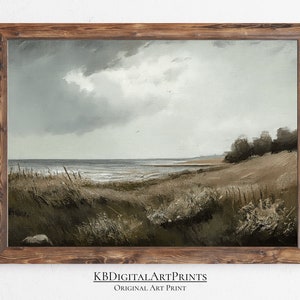 Moody Seascape Meadow Wall Art, Coastal Farmhouse Decor, Muted Colors, Rustic Coastal Art, Digital Download, Vintage Home Decor, Ocean Art