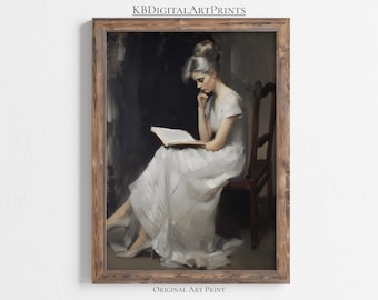 Antique Portrait Woman Reading, Reading Print, Oil Painting Wall Art, Digital Download, Printable Wall Art, Vintage Decor, Farmhouse Decor