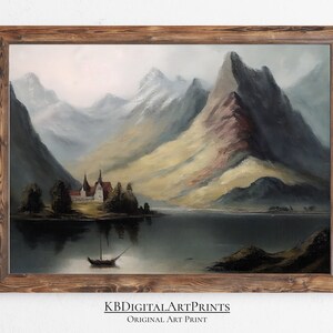 Rustic Mountain And Lake Oil Painting, Moody Landscape, Lake House Decor, Vintage Mountains, Instant Digital Download, Cabin Decor, Wall Art