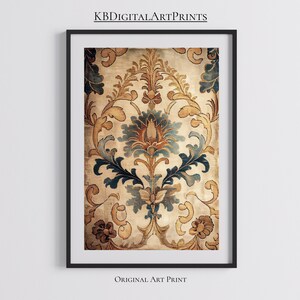 May include: A vintage-style print featuring a detailed floral pattern in shades of brown, blue, and cream. The design is reminiscent of traditional damask fabric.