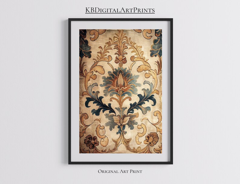 May include: A vintage-style print featuring a detailed floral pattern in shades of brown, blue, and cream. The design is reminiscent of traditional damask fabric.