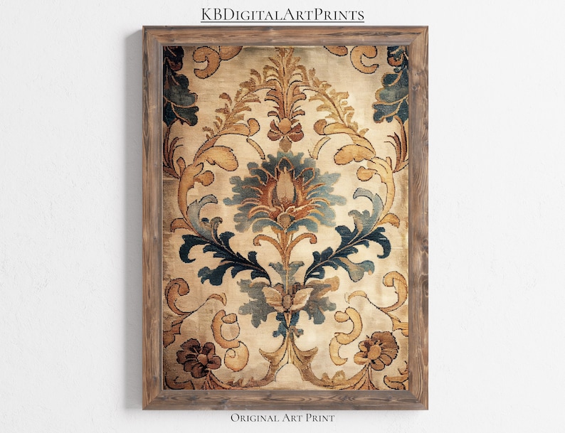 May include: A vintage-style print featuring a repeating pattern of intricate floral designs in shades of blue, brown, and gold. The pattern is reminiscent of a traditional tapestry or fabric.