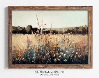 Pittura a olio di paesaggio di campo di fiori selvatici, stampa d'arte da parete vintage, arredamento di campagna, download digitale, arte da parete stampabile, arredamento rustico