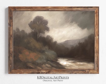 Moody Country Landscape Oil Painting, Original Art, Vintage Landscape Print, Moody Wall Art, Instant Digital Download, Home Decor, Wall Art