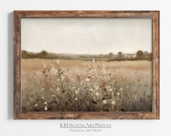 Printable Wildflower Field Landscape Oil Painting, Vintage Landscape Art Print, Country Field Wall Art, Digital Download, Farmhouse Decor