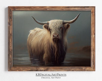 Highland Kuh Landschaft Druck, rustikale Bauernhaus Dekor, digitaler Download, druckbare Wandkunst, antike Kunstdruck, Vintage Kuh Ölgemälde