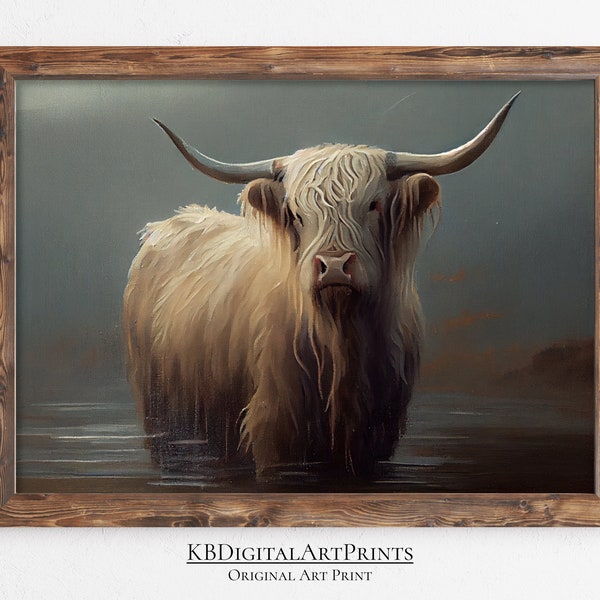 Highland Cow Landscape Print, Rustic Farmhouse Decor, Digital Download, Printable Wall Art, Antique Art Print, Vintage Cow Oil Painting