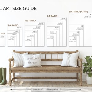 May include: A wall art size guide with different ratios and measurements in inches and centimeters. The guide shows the sizes of art prints from 11x14 inches to 24x36 inches. The guide also includes the standard paper sizes A1, A2, A3, and A4.