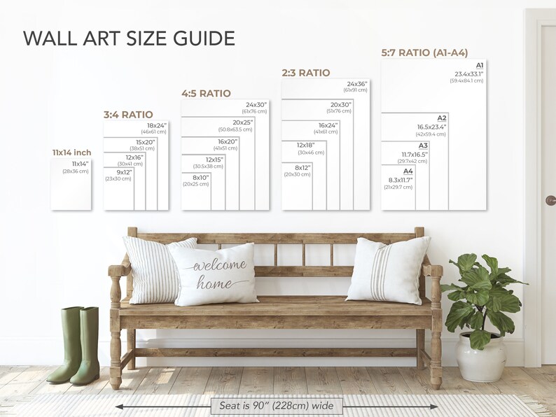 May include: A wall art size guide with different ratios and measurements in inches and centimeters. The guide shows the sizes of art prints from 11x14 inches to 24x36 inches. The guide also includes the standard paper sizes A1, A2, A3, and A4.