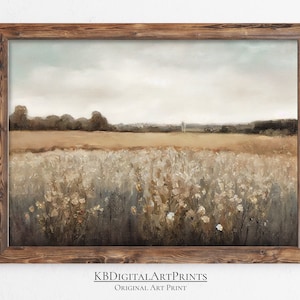 Printable Wildflower Field Landscape, Oil Painting, Vintage Landscape Art Print, Country Field Wall Art, Digital Download, Farmhouse Decor