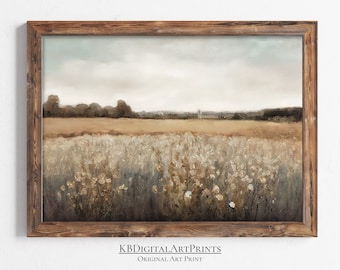 Paesaggio stampabile del campo di fiori selvatici, pittura a olio, stampa artistica di paesaggio vintage, arte della parete del campo di campagna, download digitale, arredamento della fattoria