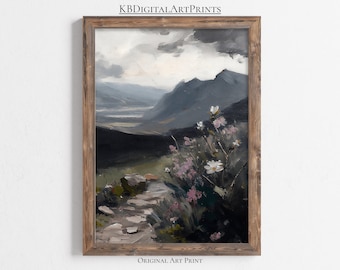 Bergslandskapsmålning, Vintage stämningsfull stuga väggkonst, lantlig inredning, utskrivbar väggkonst, digital nedladdning, rustik bergsmålning