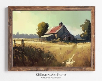 May include: A painting of a red barn with a rusty metal roof in a field of tall grass. The barn is surrounded by trees and a dirt path leads to the barn.