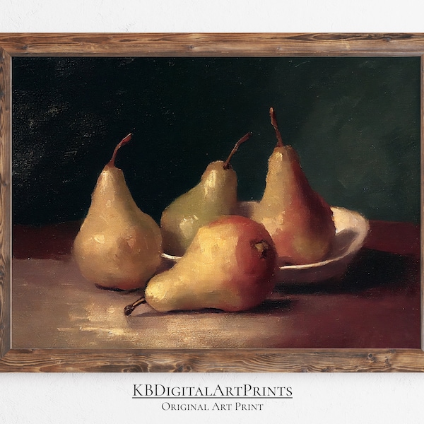 Printable Still Life Pear Oil Painting, Vintage Farmhouse Decor, Original Art, Kitchen Art Print, Instant Digital Download, Home Decor