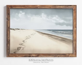 peinture de plage neutre vintage, paysage côtier, art mural vintage, tons neutres, décoration murale maison de plage, téléchargement numérique, imprimable