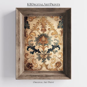 May include: A framed print of a vintage floral pattern in shades of blue, gold, and brown. The pattern features intricate details and a symmetrical design. The frame is a simple, rustic wood.