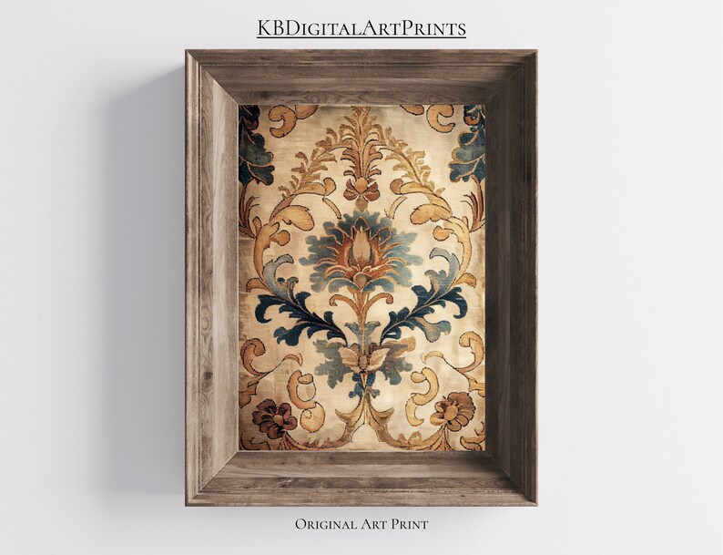 May include: A framed print of a vintage floral pattern in shades of blue, gold, and brown. The pattern features intricate details and a symmetrical design. The frame is a simple, rustic wood.