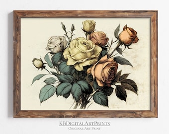 Vintage Flower Drawing Print, Antique Flower Sketch, Roses Art Print, Rose Sketch Art, Digital Download, Printable Wall Art, Farmhouse Decor