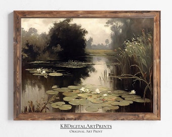 Vintage Pond And Water Lilies Oil Painting, Original Art, Moody Country Landscape, Home Decor, Instant Digital Download, Printable Wall Art