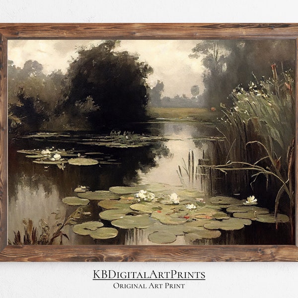 Vintage Pond And Water Lilies Oil Painting, Original Art, Moody Country Landscape, Home Decor, Instant Digital Download, Printable Wall Art