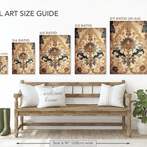 May include: A wall art size guide with five different size ratios for wall art prints. The guide shows the different sizes of prints on a wall with a bench and a plant in front of it. The text on the guide reads "Wall Art Size Guide", "11x14 inch", "5:7 Ratio (A1-A4)", "2:3 Ratio", "4:5 Ratio", "3:4 Ratio", "Welcome Home", and "Seat is 90" (228cm) wide".