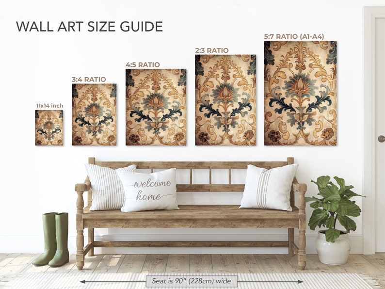 May include: A wall art size guide with five different size ratios for wall art prints. The guide shows the different sizes of prints on a wall with a bench and a plant in front of it. The text on the guide reads "Wall Art Size Guide", "11x14 inch", "5:7 Ratio (A1-A4)", "2:3 Ratio", "4:5 Ratio", "3:4 Ratio", "Welcome Home", and "Seat is 90" (228cm) wide".