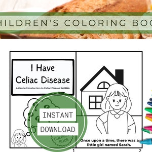 以下が含まれることがあります： 家の前に立っている女の子が描かれた白黒の塗り絵ページ。ページのテキストには、「私はセリアック病です」と「昔々、サラという名前の小さな女の子がいました。」と書かれています。