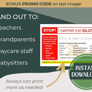 May include: A red and white printable card with the text "STOP! I cannot eat GLUTEN." and a list of gluten-containing foods. The card also includes the text "THIS IS NOT A CHOICE." and "PLEASE: DO NOT share food with me or expose me to gluten."