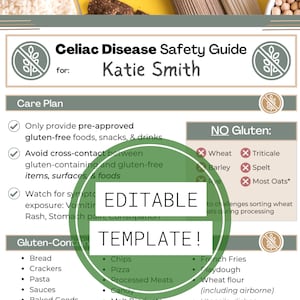 Glutenvrij kind • Veiligheidshandleiding voor coeliakie voor kinderen • Canva Bewerk glutenvrije dieetvoedsellijst • Voor school, kinderopvang, klaslokaal, keuken