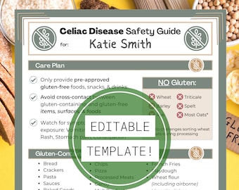 Gluten Free Kid • Celiac Disease Safety Guide Sheet for Kid • Canva Edit GlutenFree Diet Food List • For School, Daycare, Classroom, Kitchen