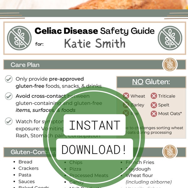 Gluten Free Kids • Celiac Disease Safety Guide Sheet for Kids • Gluten-Free Diet Food List • For School, Daycare, Classrooms, Kitchens