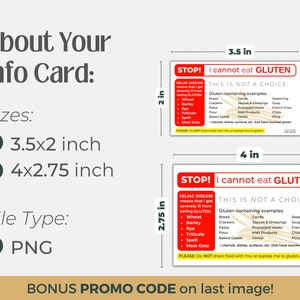 May include: Two red and white warning cards with the text "STOP! I cannot eat GLUTEN" and "THIS IS NOT A CHOICE." The cards are 3.5 inches by 2 inches and 4 inches by 2.75 inches. The cards list gluten-containing examples and a message to "PLEASE DO NOT share food with me, or expose me to gluten."