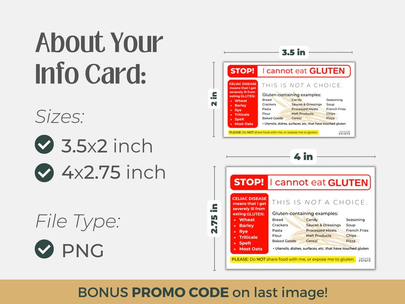 May include: Two red and white warning cards with the text "STOP! I cannot eat GLUTEN" and "THIS IS NOT A CHOICE." The cards are 3.5 inches by 2 inches and 4 inches by 2.75 inches. The cards list gluten-containing examples and a message to "PLEASE DO NOT share food with me, or expose me to gluten."