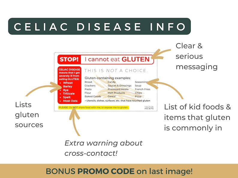 May include: A red and white sign with the text "STOP! I cannot eat GLUTEN" and a list of gluten-containing foods and ingredients. The sign also includes the text "THIS IS NOT A CHOICE." and "PLEASE: DO NOT share food with me, or expose me to gluten."