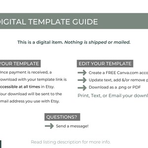 Peut inclure: Un guide de mod&egrave;le num&eacute;rique avec des instructions sur la fa&ccedil;on d'obtenir et de modifier un mod&egrave;le. Le guide comprend des informations sur le t&eacute;l&eacute;chargement du mod&egrave;le, sa modification dans Canva et son impression ou son envoi par e-mail. Il comprend &eacute;galement une section pour les questions et un lien vers la description de la liste pour plus d'informations.
