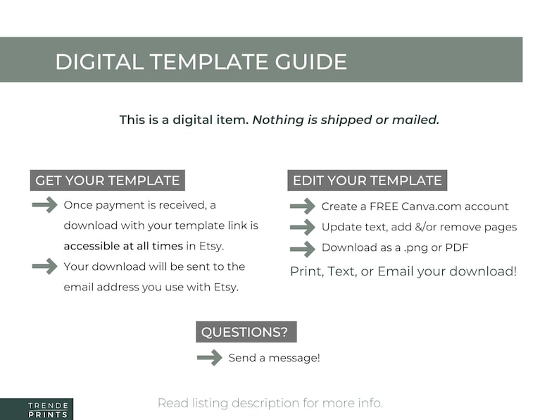 Peut inclure: Un guide de mod&egrave;le num&eacute;rique avec des instructions sur la fa&ccedil;on d'obtenir et de modifier un mod&egrave;le. Le guide comprend des informations sur le t&eacute;l&eacute;chargement du mod&egrave;le, sa modification dans Canva et son impression ou son envoi par e-mail. Il comprend &eacute;galement une section pour les questions et un lien vers la description de la liste pour plus d'informations.