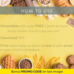 Peut inclure: Un fond jaune avec un guide pour personnaliser un PDF imprimable. Le guide comprend trois &eacute;tapes&nbsp;: personnaliser avec un compte Canva gratuit, t&eacute;l&eacute;charger le PDF et imprimer des copies papier ou envoyer par SMS ou par e-mail. L&rsquo;image comprend &eacute;galement un code promo bonus sur la derni&egrave;re image.