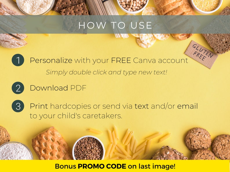 Peut inclure: Un fond jaune avec un guide pour personnaliser un PDF imprimable. Le guide comprend trois &eacute;tapes&nbsp;: personnaliser avec un compte Canva gratuit, t&eacute;l&eacute;charger le PDF et imprimer des copies papier ou envoyer par SMS ou par e-mail. L&rsquo;image comprend &eacute;galement un code promo bonus sur la derni&egrave;re image.