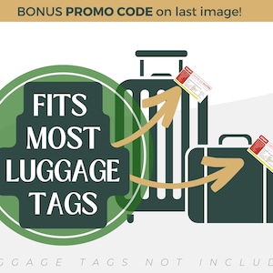May include: Illustration of two suitcases with luggage tags attached. The text "FITS MOST LUGGAGE TAGS" is in a green circle.