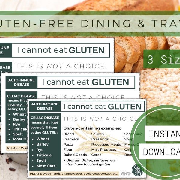 Celiac Disease Card for Restaurants and Travel, Gluten-Free Diet Food List, Gluten Free Medical Alert Card for Dining Out, Celiac Travel