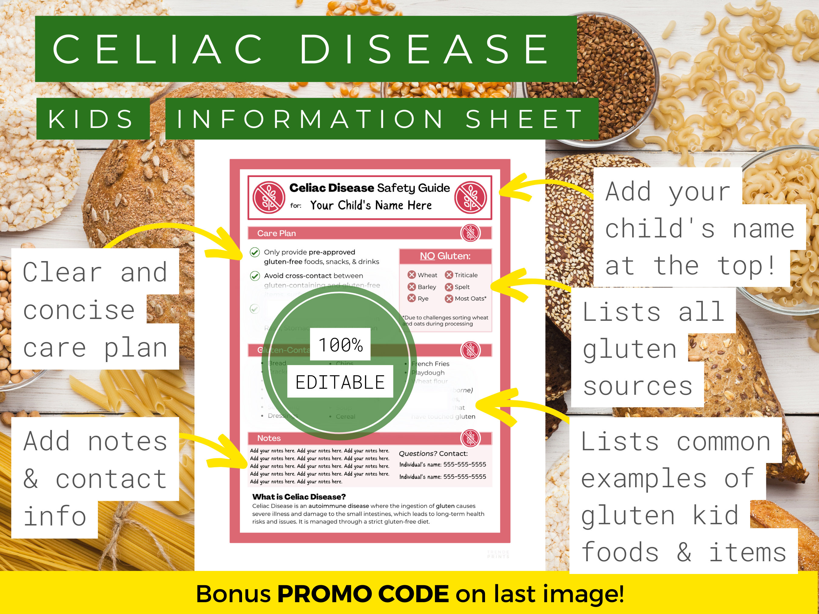 Celiac Disease Information Sheet for Kid, Gluten Free Kid, Gluten Free
