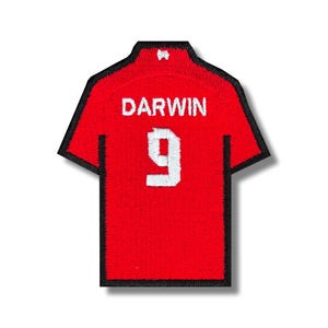 以下が含まれることがあります： 赤いと黒い刺繍のアイロン接着パッチ。サッカーのユニフォームで、名前は「DARWIN」、番号は「9」で、白で書かれています。