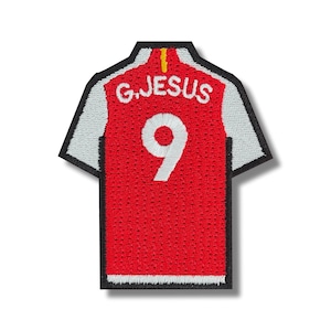 May include: Red and white embroidered football jersey patch with the name "G.JESUS" and the number "9" on the back.