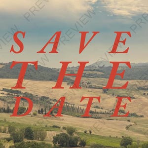 Postal Save the Date para una boda en el campo italiano, moderna y elegante, inspirada en la Toscana italiana. Vista, inspirada en la moda Over the Moon.