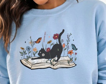 Floral Cat Shirt, Cat Lover Shirt, Cat Book Shirt, Cat Lover Gift, Book Lover Sweatshirt, Cat Mom Shirt Gift, Cute Cat Shirts, Cat Lover Tee
