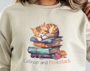 Cat Book Shirt, Cat Lover Sweatshirt, Cat Book Sweatshirt, Book Lover Gift, Cat Mom Shirt Gift, Bookish Sweatshirt, Cute Book Cat Shirt